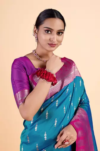 Teal and Magenta Banarasi Silk blend Saree with Intricate Zari Work