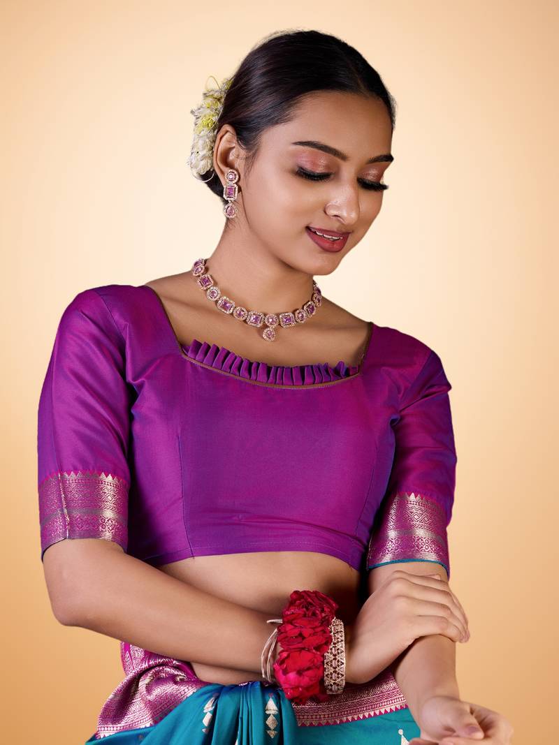 Teal and Magenta Banarasi Silk blend Saree with Intricate Zari Work