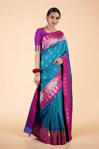 Teal and Magenta Banarasi Silk blend Saree with Intricate Zari Work