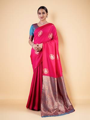 Rani Pink Silk blend Saree with Gold Zari Motifs and Contrast Border 1
