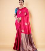 Rani Pink Silk blend Saree with Gold Zari Motifs and Contrast Border