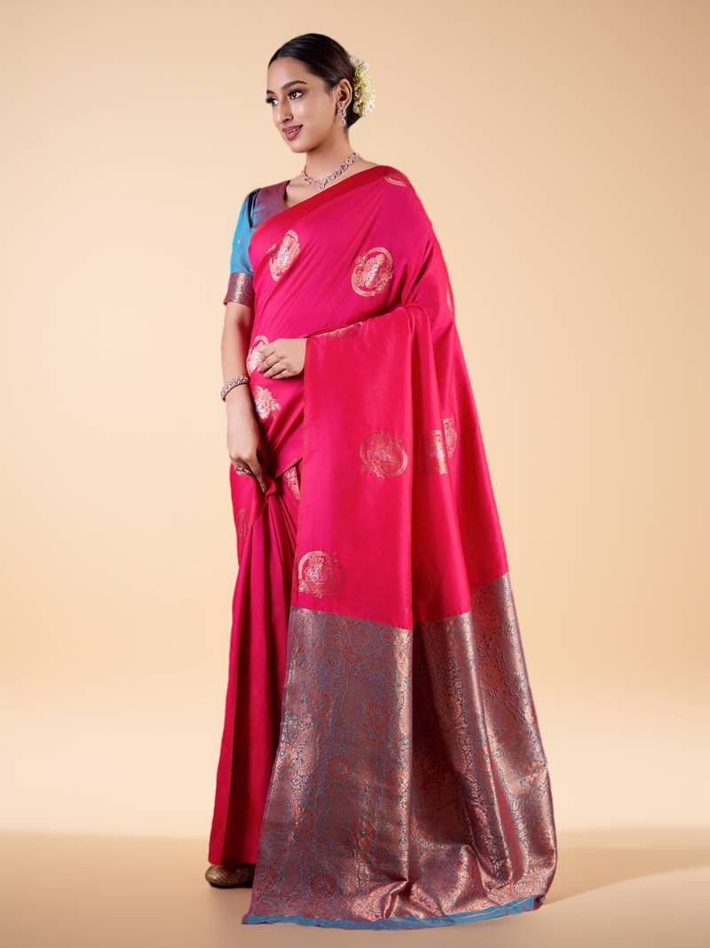 Rani Pink Silk blend Saree with Gold Zari Motifs and Contrast Border