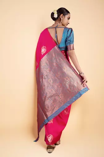 Rani Pink Silk blend Saree with Gold Zari Motifs and Contrast Border