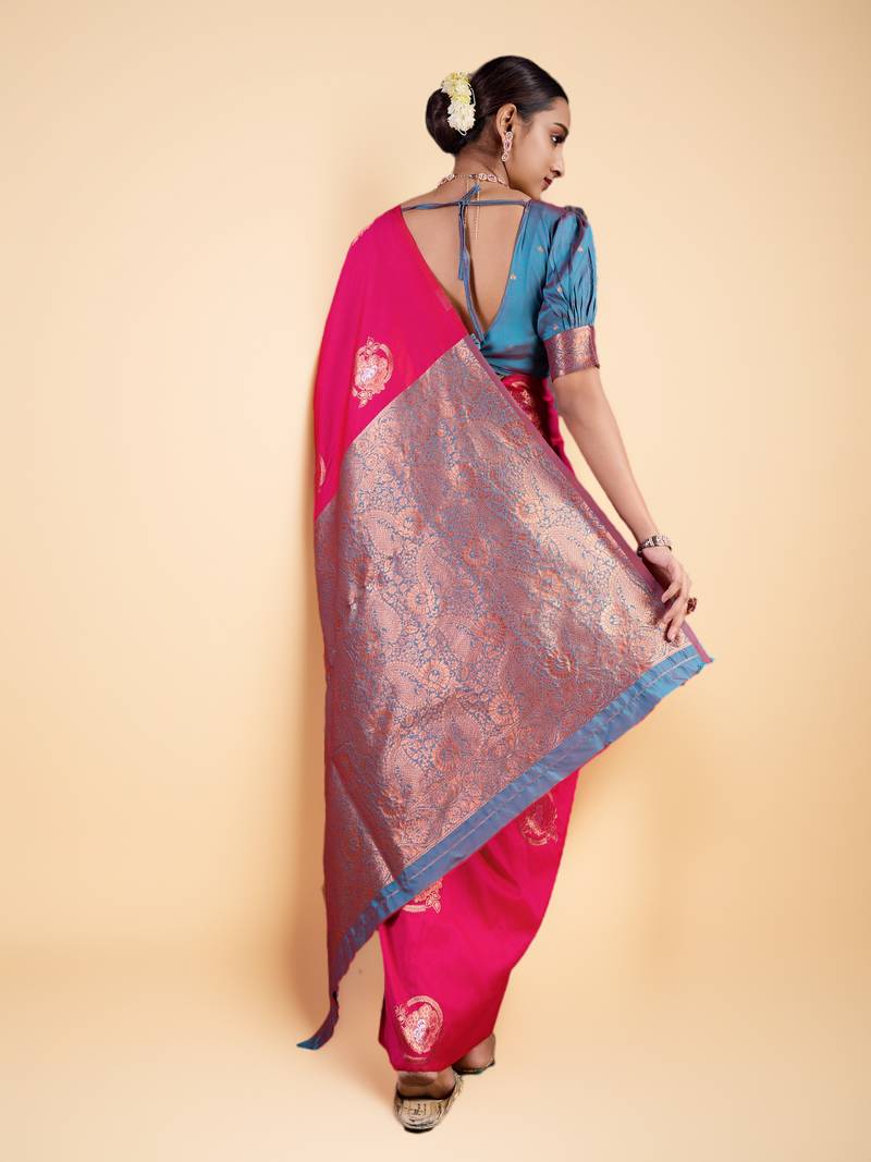 Rani Pink Silk blend Saree with Gold Zari Motifs and Contrast Border