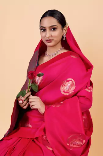 Rani Pink Silk blend Saree with Gold Zari Motifs and Contrast Border