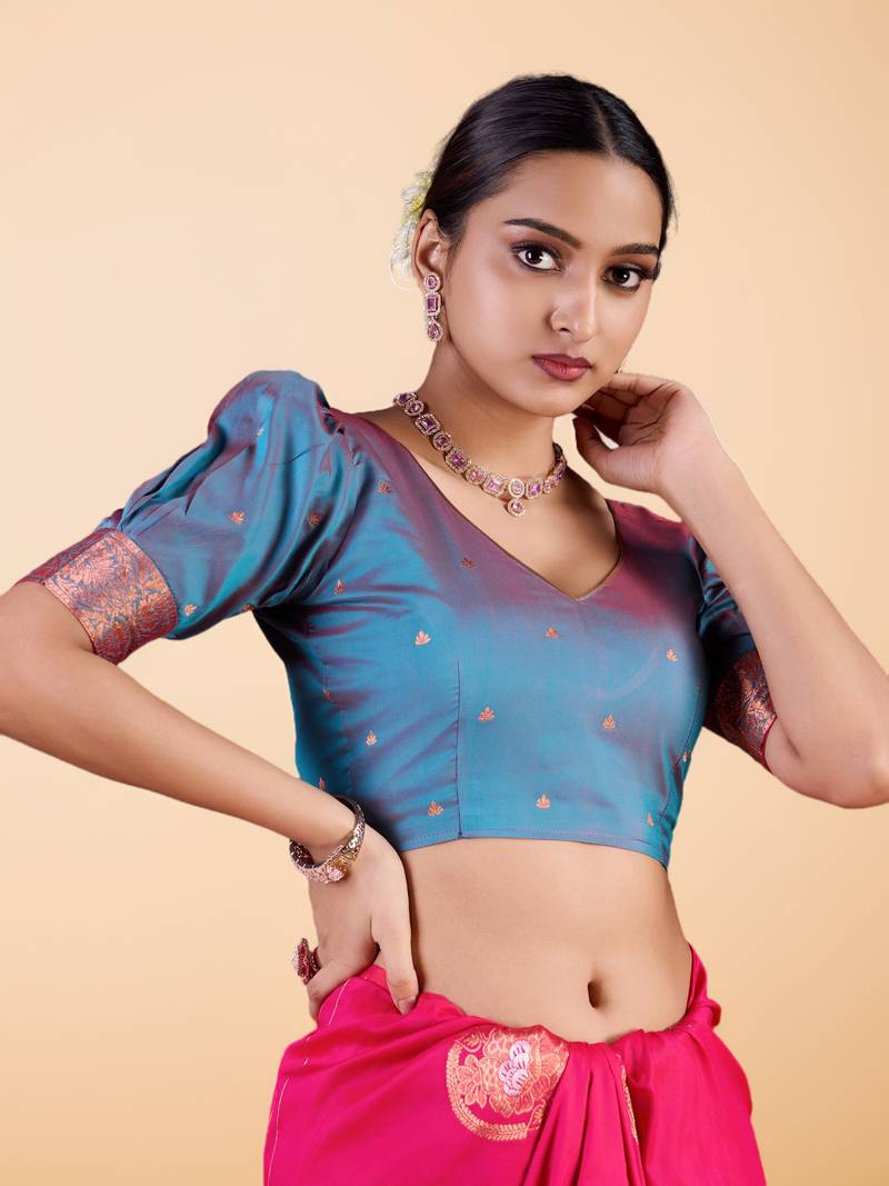 Rani Pink Silk blend Saree with Gold Zari Motifs and Contrast Border