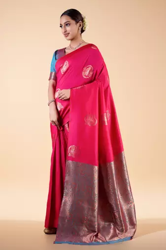 Rani Pink Silk blend Saree with Gold Zari Motifs and Contrast Border