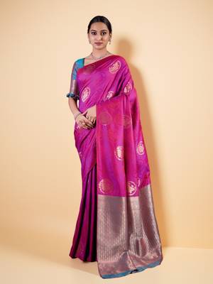 Magenta Banarasi Silk blend Saree with Gold Zari Floral Motifs and Contrast Border 1