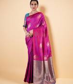 Magenta Banarasi Silk blend Saree with Gold Zari Floral Motifs and Contrast Border
