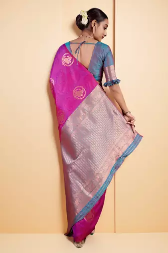 Magenta Banarasi Silk blend Saree with Gold Zari Floral Motifs and Contrast Border
