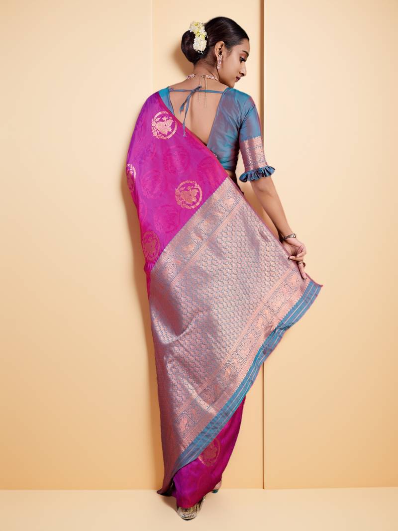 Magenta Banarasi Silk blend Saree with Gold Zari Floral Motifs and Contrast Border