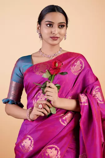 Magenta Banarasi Silk blend Saree with Gold Zari Floral Motifs and Contrast Border