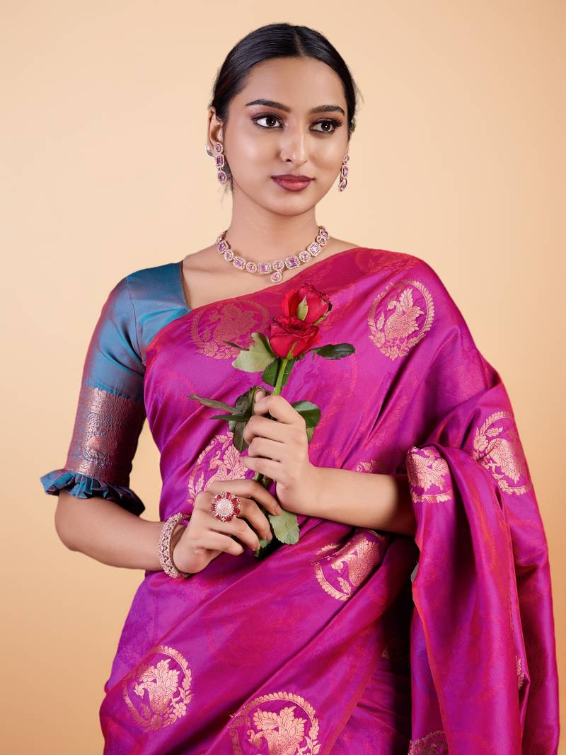 Magenta Banarasi Silk blend Saree with Gold Zari Floral Motifs and Contrast Border