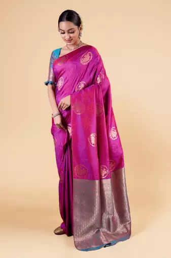 Magenta Banarasi Silk blend Saree with Gold Zari Floral Motifs and Contrast Border