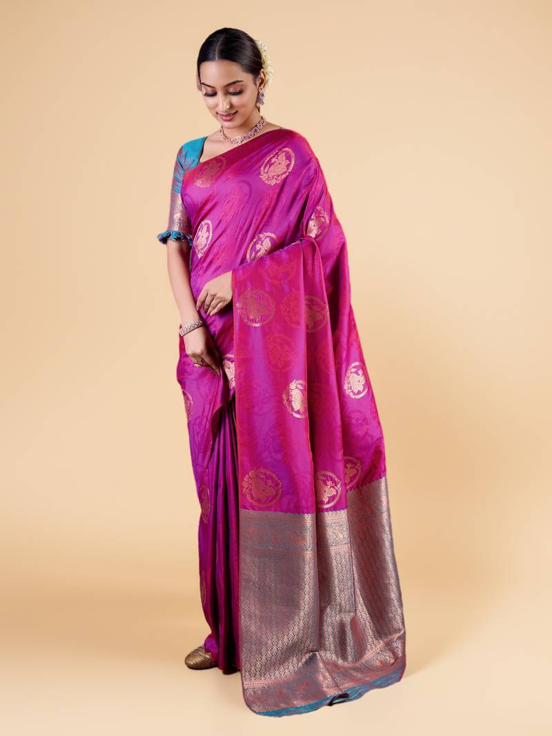 Magenta Banarasi Silk blend Saree with Gold Zari Floral Motifs and Contrast Border