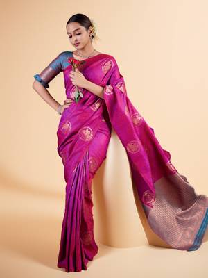 Magenta Banarasi Silk blend Saree with Gold Zari Floral Motifs and Contrast Border 6