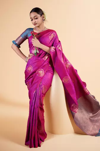 Magenta Banarasi Silk blend Saree with Gold Zari Floral Motifs and Contrast Border