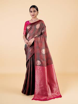 Black and Maroon Banarasi Silk blend Saree with Gold Zari Floral Motifs 1
