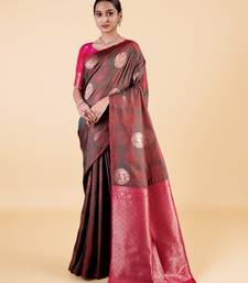 Black and Maroon Banarasi Silk blend Saree with Gold Zari Floral Motifs
