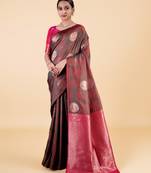Black and Maroon Banarasi Silk blend Saree with Gold Zari Floral Motifs