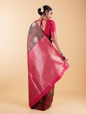 Black and Maroon Banarasi Silk blend Saree with Gold Zari Floral Motifs 2