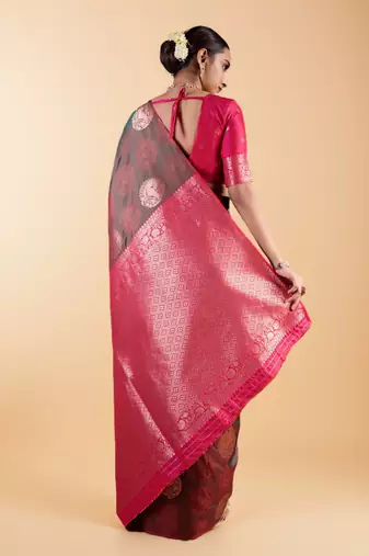 Black and Maroon Banarasi Silk blend Saree with Gold Zari Floral Motifs