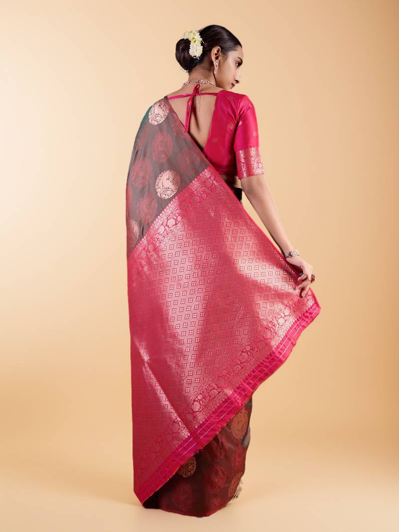 Black and Maroon Banarasi Silk blend Saree with Gold Zari Floral Motifs