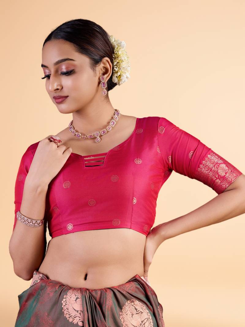 Black and Maroon Banarasi Silk blend Saree with Gold Zari Floral Motifs