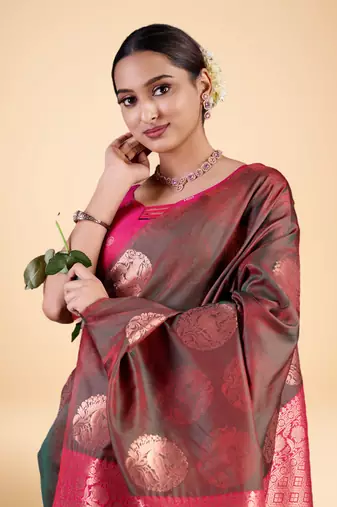 Black and Maroon Banarasi Silk blend Saree with Gold Zari Floral Motifs