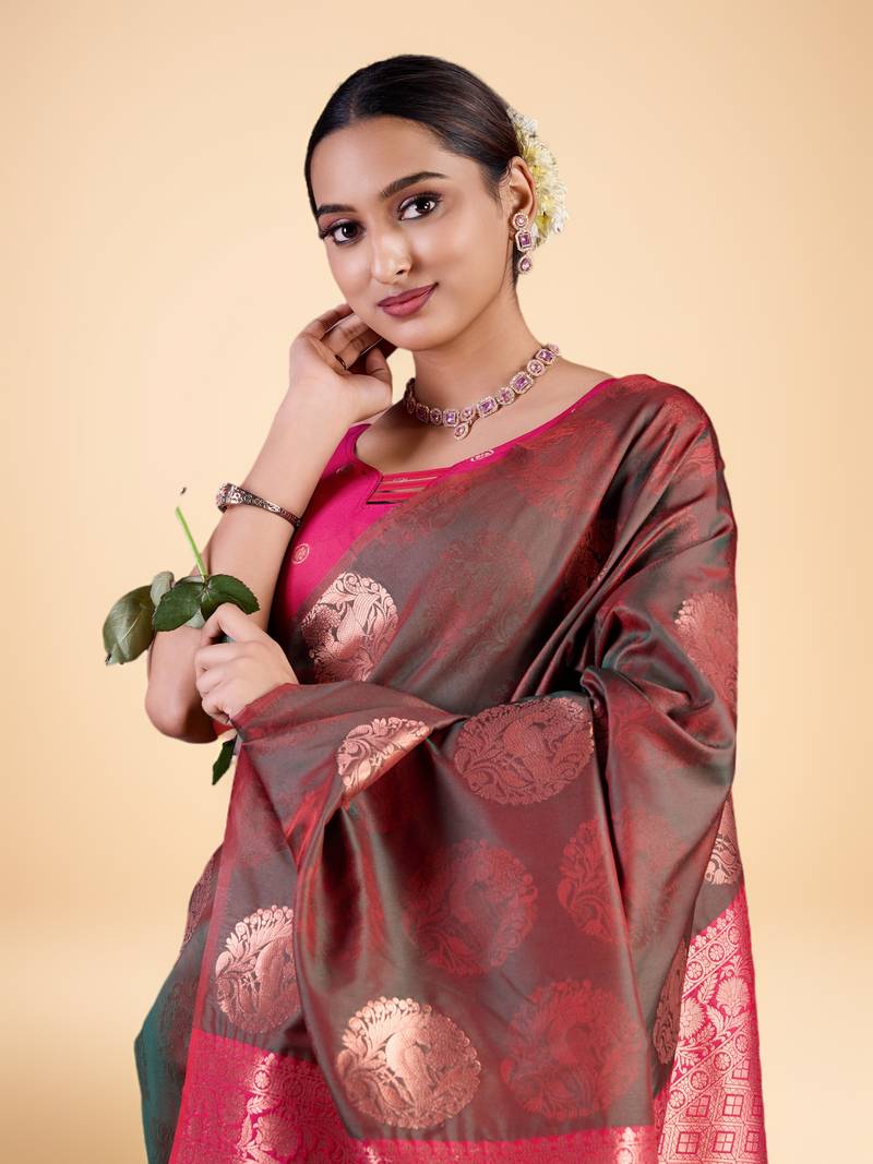 Black and Maroon Banarasi Silk blend Saree with Gold Zari Floral Motifs