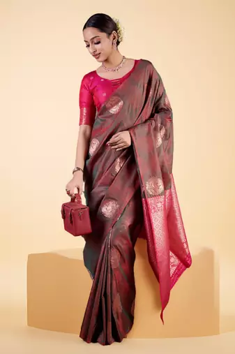 Black and Maroon Banarasi Silk blend Saree with Gold Zari Floral Motifs