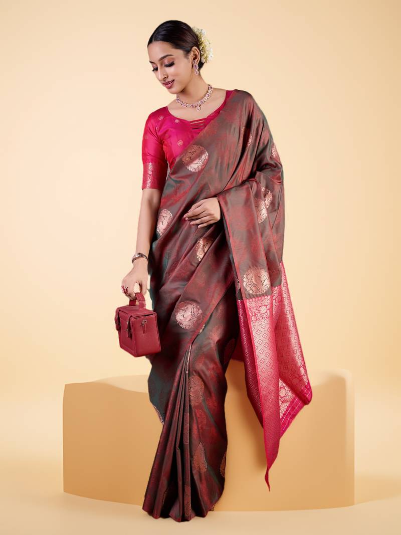 Black and Maroon Banarasi Silk blend Saree with Gold Zari Floral Motifs