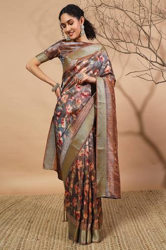 grey Floral zari art silk patola saree