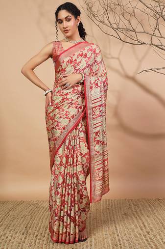 pink Floral printed saree