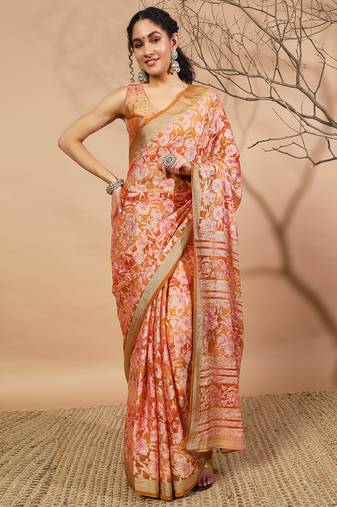 yellow Floral brasso saree