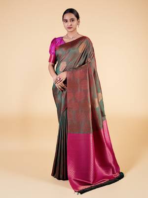 Green and Maroon Banarasi Silk blend Saree with Gold Zari Motifs 1