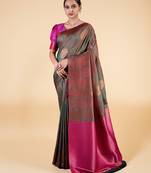 Green and Maroon Banarasi Silk blend Saree with Gold Zari Motifs