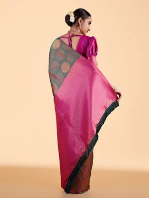 Green and Maroon Banarasi Silk blend Saree with Gold Zari Motifs 2