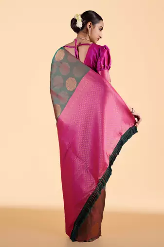Green and Maroon Banarasi Silk blend Saree with Gold Zari Motifs