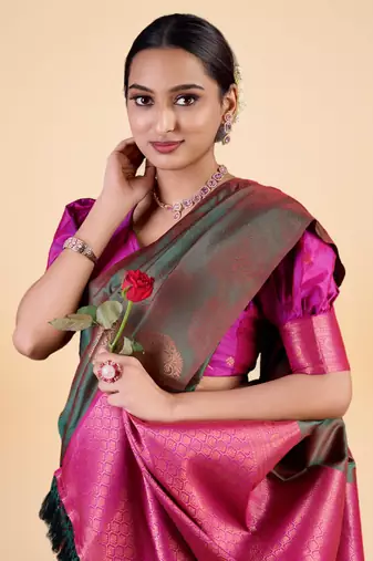 Green and Maroon Banarasi Silk blend Saree with Gold Zari Motifs