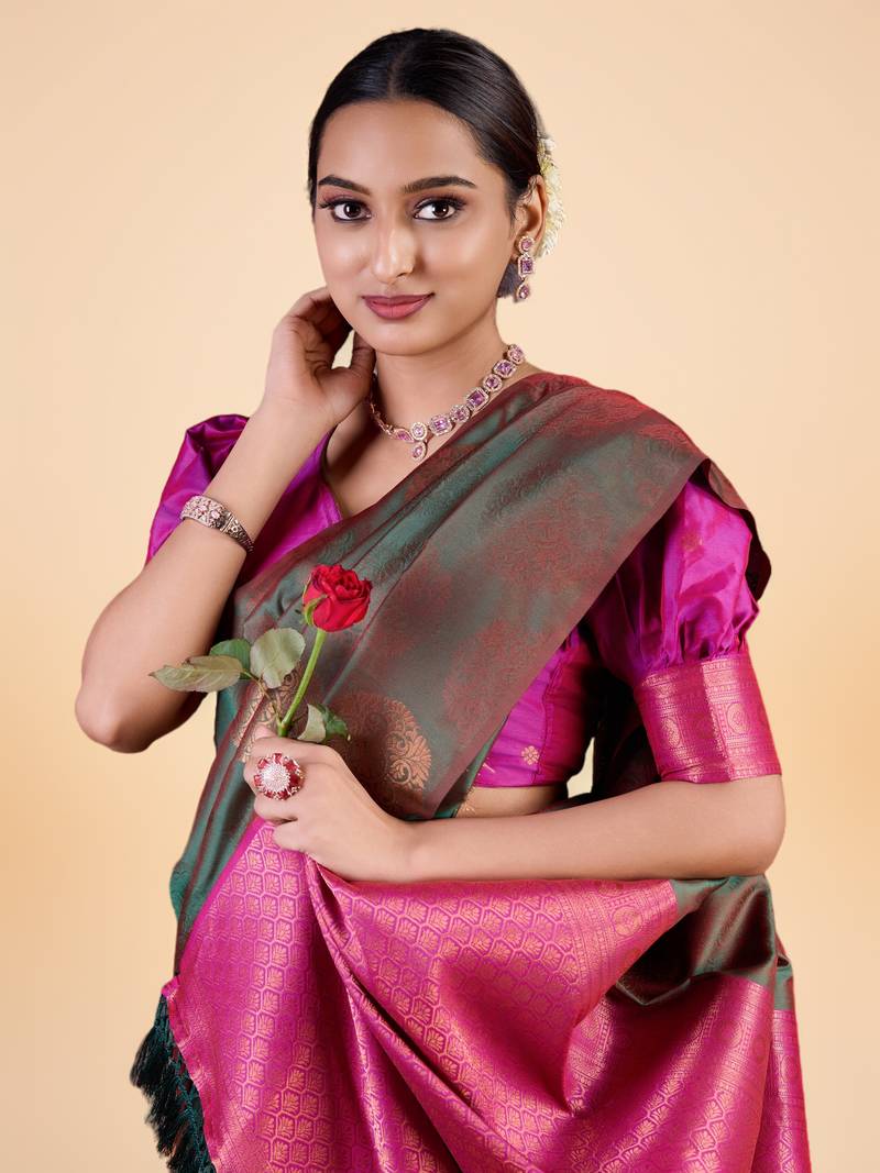 Green and Maroon Banarasi Silk blend Saree with Gold Zari Motifs