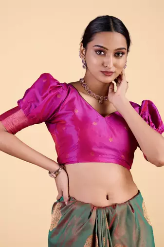 Green and Maroon Banarasi Silk blend Saree with Gold Zari Motifs