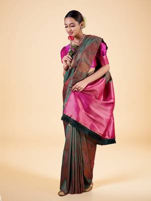 Green and Maroon Banarasi Silk blend Saree with Gold Zari Motifs 5