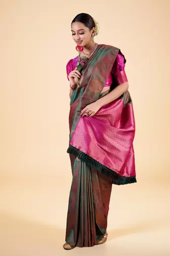 Green and Maroon Banarasi Silk blend Saree with Gold Zari Motifs