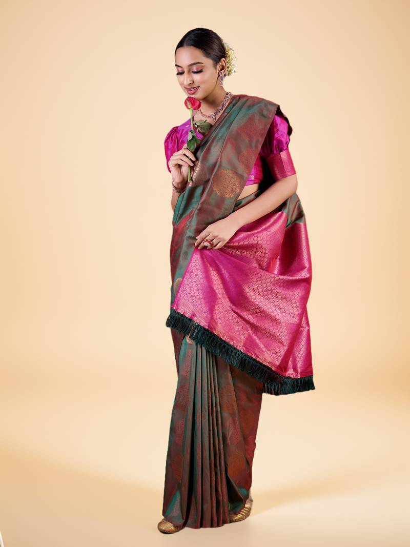 Green and Maroon Banarasi Silk blend Saree with Gold Zari Motifs