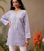 Hand embroidered mauve cotton lucknowi chikankari short kurti