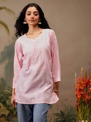 Hand embroidered pink cotton lucknowi chikankari short kurti 1