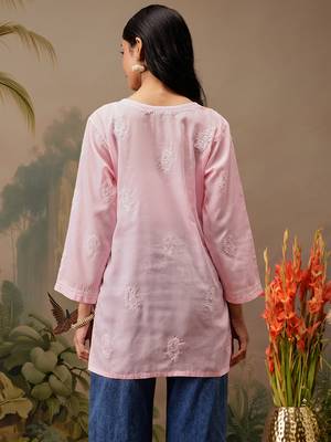 Hand embroidered pink cotton lucknowi chikankari short kurti 2