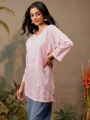 Hand embroidered pink cotton lucknowi chikankari short kurti 3