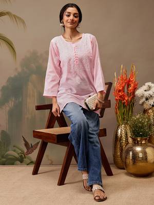 Hand embroidered pink cotton lucknowi chikankari short kurti 5